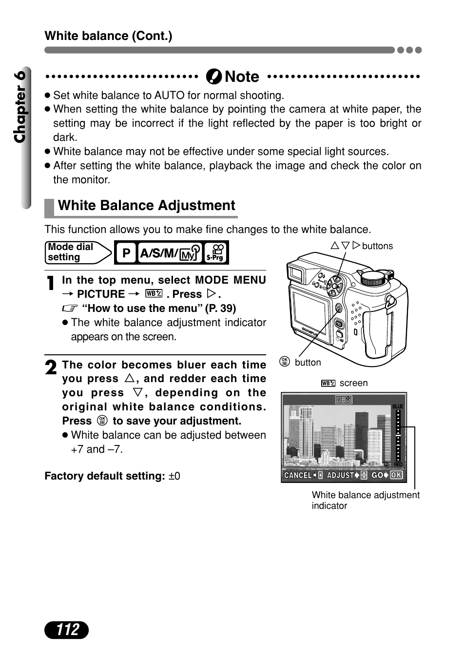 White balance adjustment 112, Chapter 6, White balance adjustment | Olympus C-4000 Zoom User Manual | Page 113 / 245