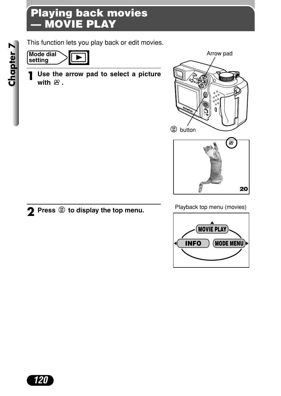 Playing back movies — movie play, Chapter 7 | Olympus C-4000 Zoom User Manual | Page 121 / 245