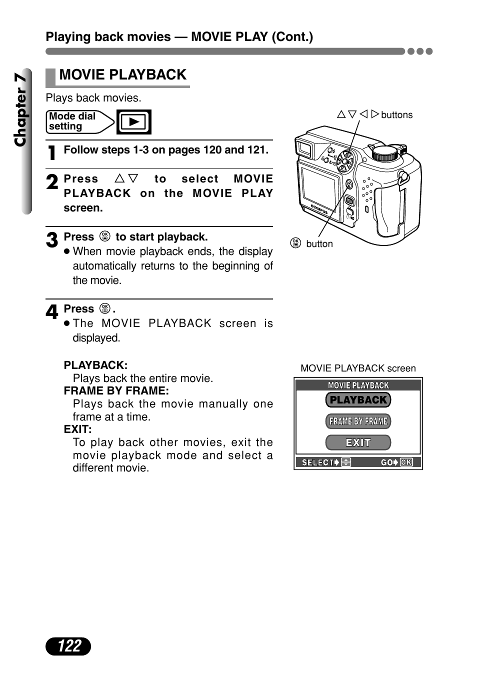 Movie playback 122, Chapter 7, Movie playback | Olympus C-4000 Zoom User Manual | Page 123 / 245