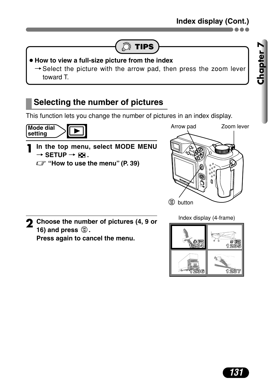 Selecting the number of pictures 131, Chapter 7, Selecting the number of pictures | Olympus C-4000 Zoom User Manual | Page 132 / 245