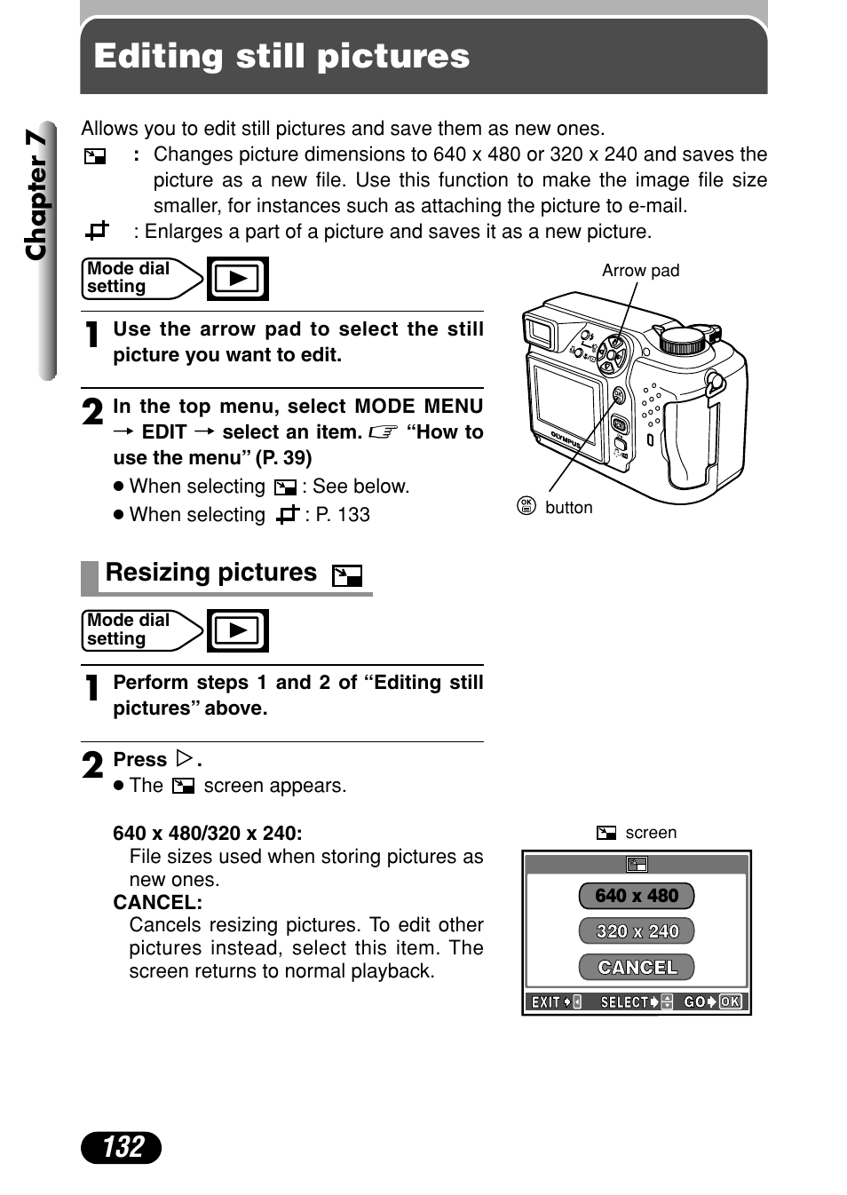 Editing still pictures, Resizing pictures, Chapter 7 | Olympus C-4000 Zoom User Manual | Page 133 / 245