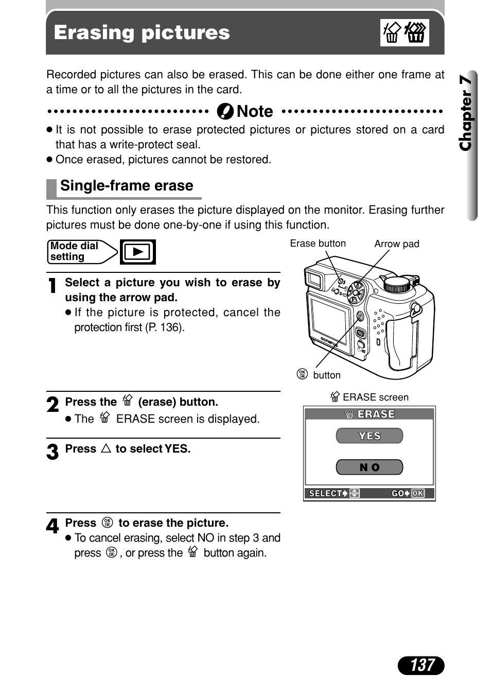 Erasing pictures, Single-frame erase 137, Chapter 7 | Single-frame erase | Olympus C-4000 Zoom User Manual | Page 138 / 245