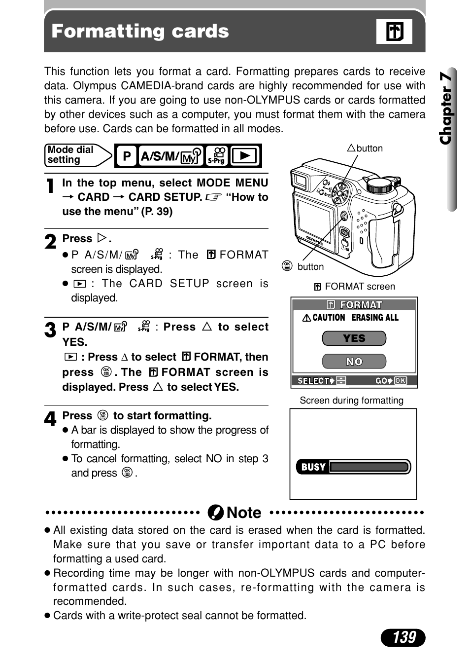 Formatting cards, Chapter 7 | Olympus C-4000 Zoom User Manual | Page 140 / 245