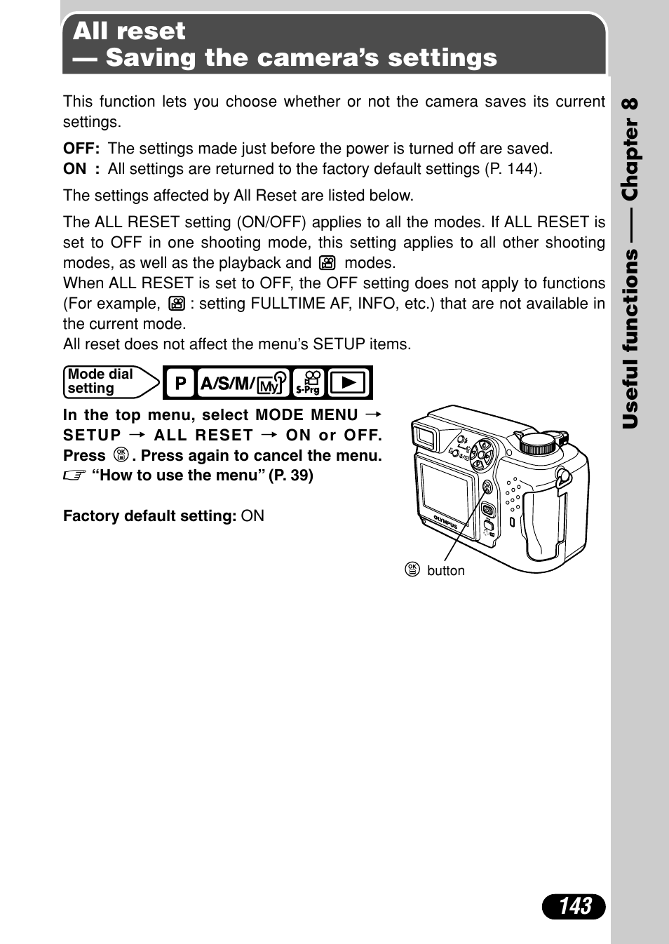 Chapter 8 useful functions, All reset — saving the camera’s settings, Chapter 8 | Useful functions, P. 143 | Olympus C-4000 Zoom User Manual | Page 144 / 245