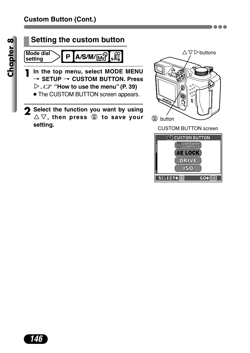 Setting the custom button 146, Chapter 8, Setting the custom button | Olympus C-4000 Zoom User Manual | Page 147 / 245