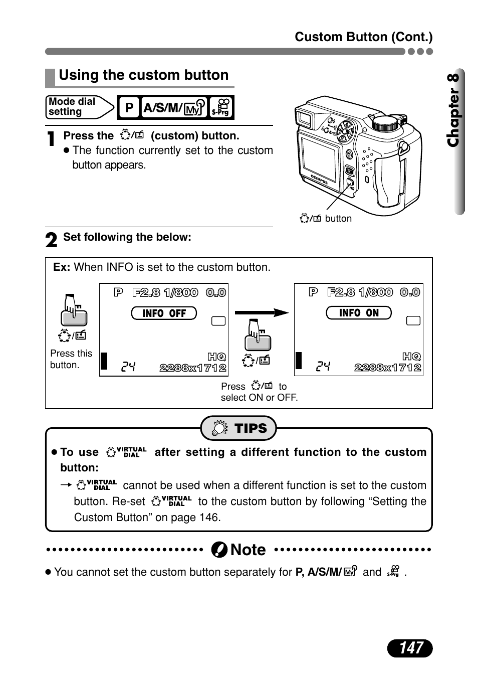 Using the custom button 147, Chapter 8, Using the custom button | Olympus C-4000 Zoom User Manual | Page 148 / 245