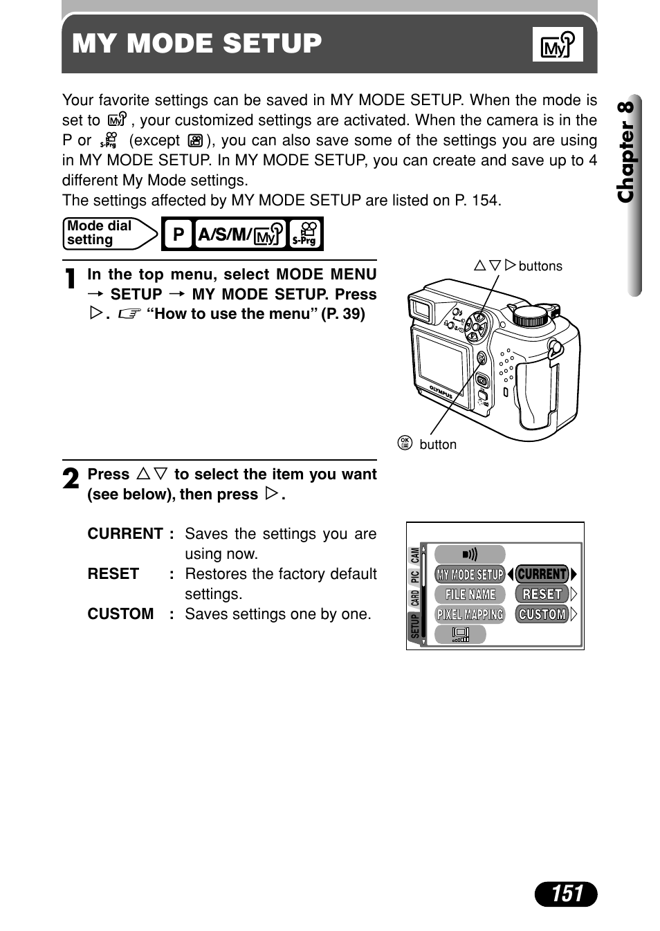 My mode setup, My mode setup 1, Chapter 8 | Olympus C-4000 Zoom User Manual | Page 152 / 245