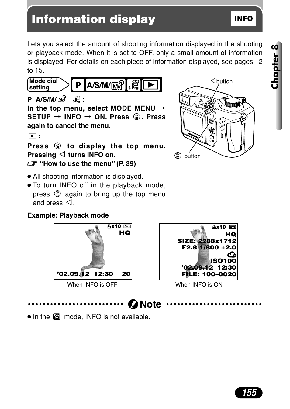Information display, Info, Chapter 8 | Olympus C-4000 Zoom User Manual | Page 156 / 245