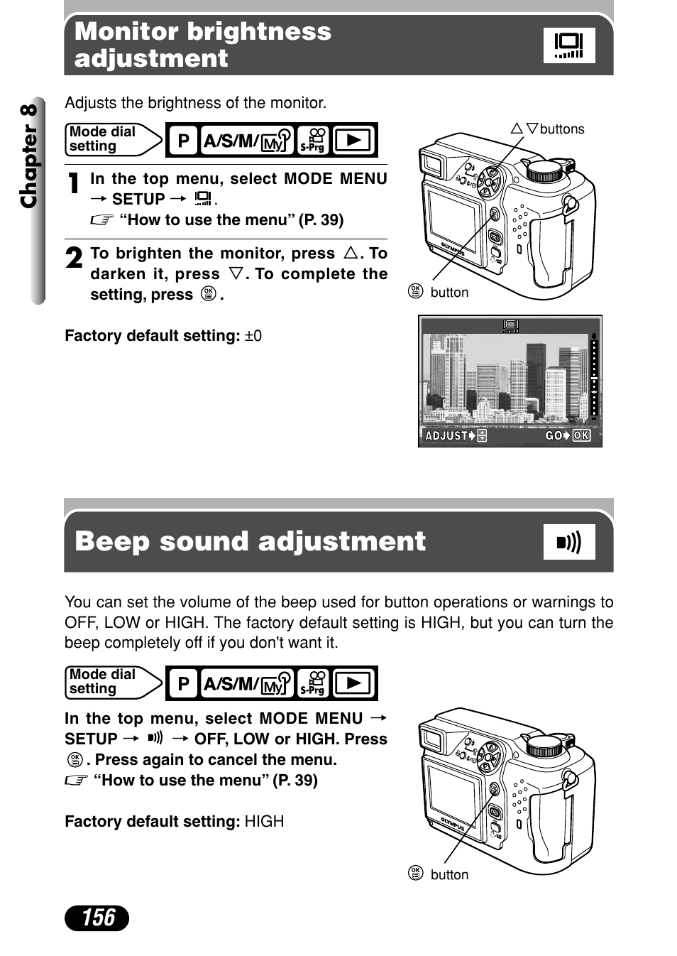 Monitor brightness adjustment, Beep sound adjustment, Chapter 8 | Olympus C-4000 Zoom User Manual | Page 157 / 245