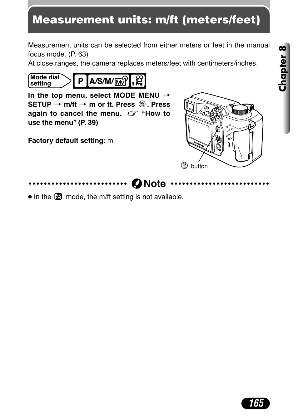 Measurement units: m/ft (meters/feet), Chapter 8 | Olympus C-4000 Zoom User Manual | Page 166 / 245