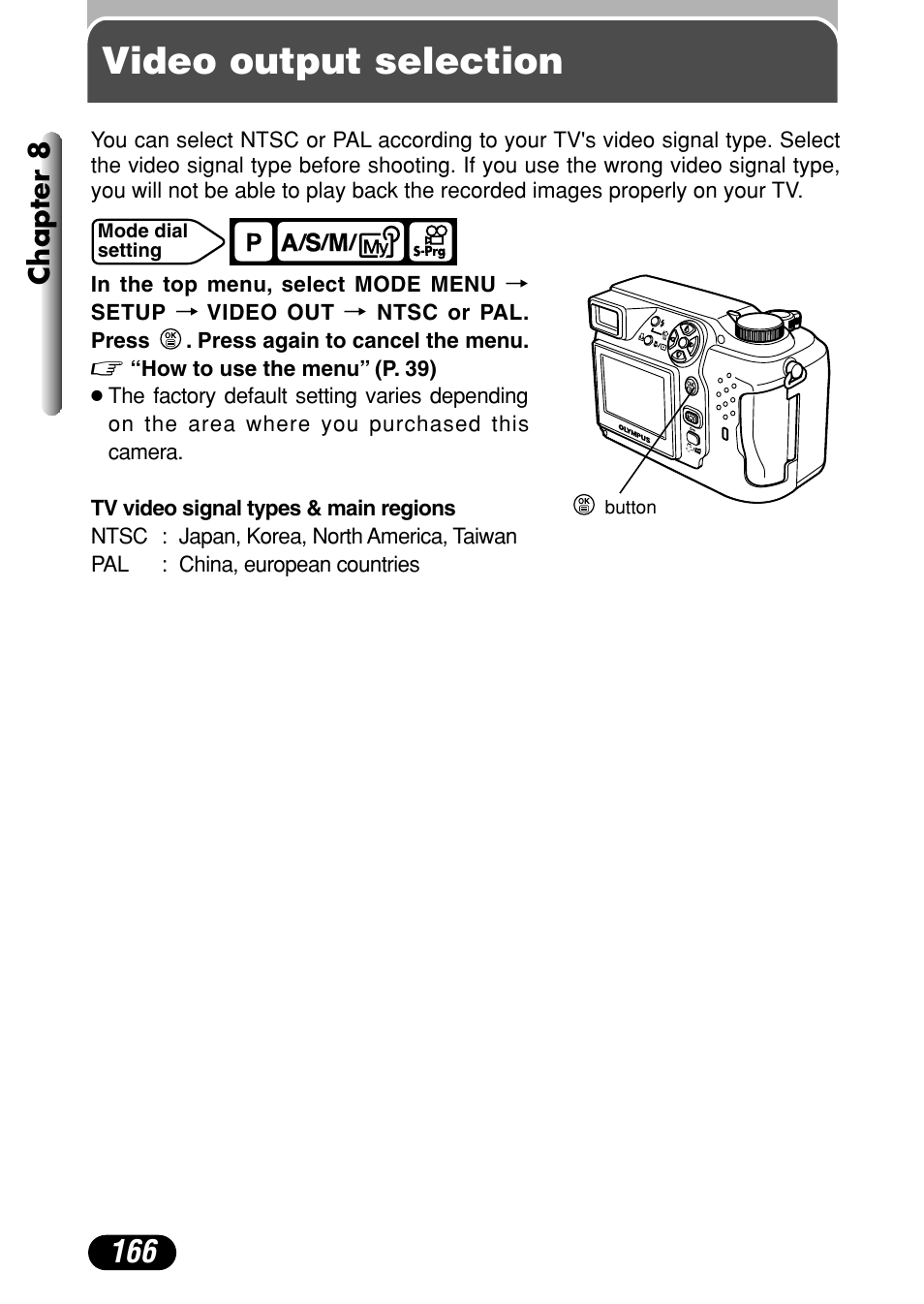 Video output selection, Chapter 8 | Olympus C-4000 Zoom User Manual | Page 167 / 245