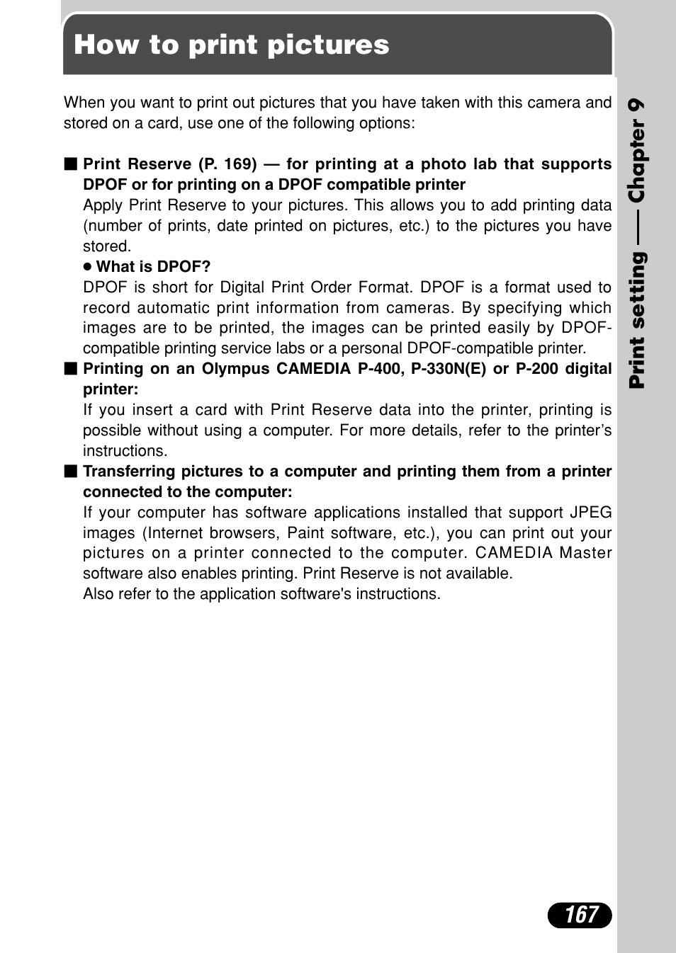 Chapter 9 print setting, How to print pictures, Chapter 9 | Print setting, P. 167 | Olympus C-4000 Zoom User Manual | Page 168 / 245
