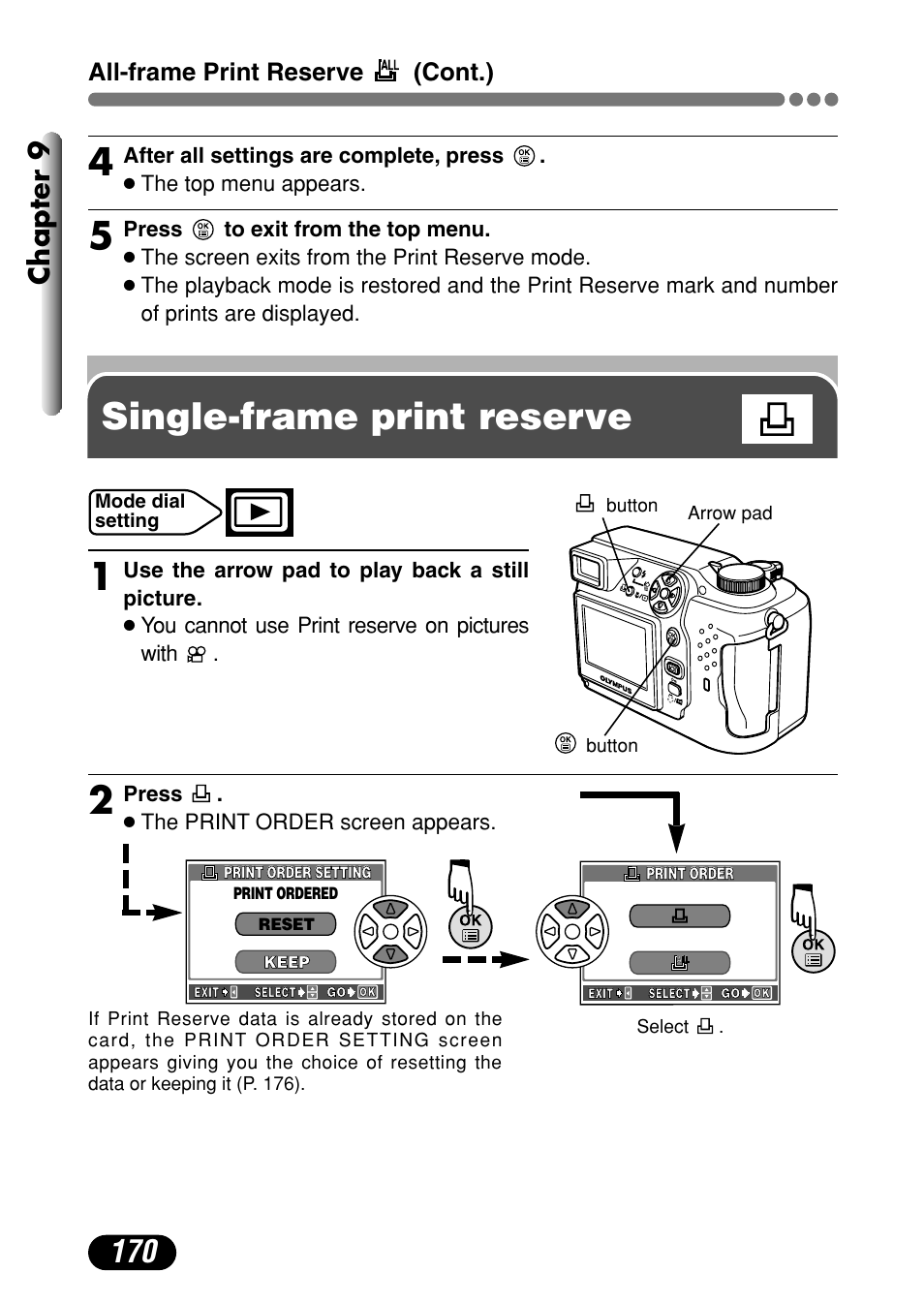 Single-frame print reserve, Single-frame print reserve 1, Chapter 9 | All-frame print reserve (cont.) | Olympus C-4000 Zoom User Manual | Page 171 / 245