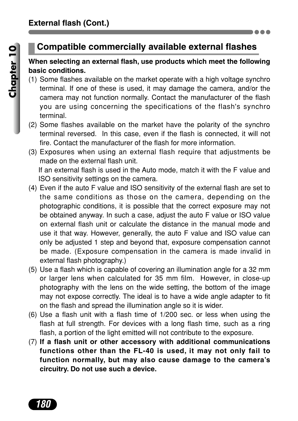 Chapter 10, Compatible commercially available external flashes | Olympus C-4000 Zoom User Manual | Page 181 / 245
