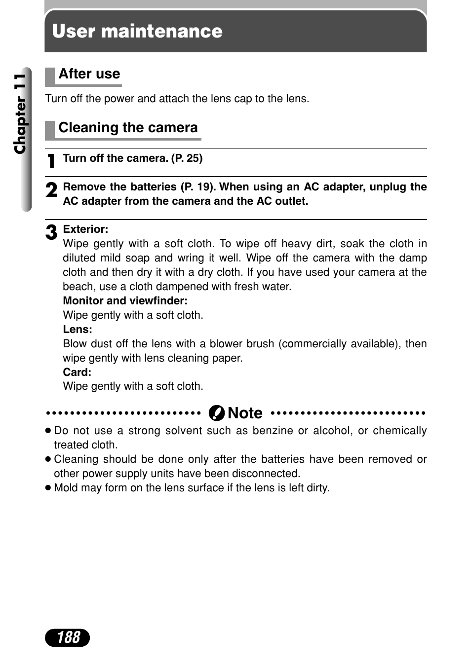 User maintenance, After use 188 cleaning the camera 188 | Olympus C-4000 Zoom User Manual | Page 189 / 245