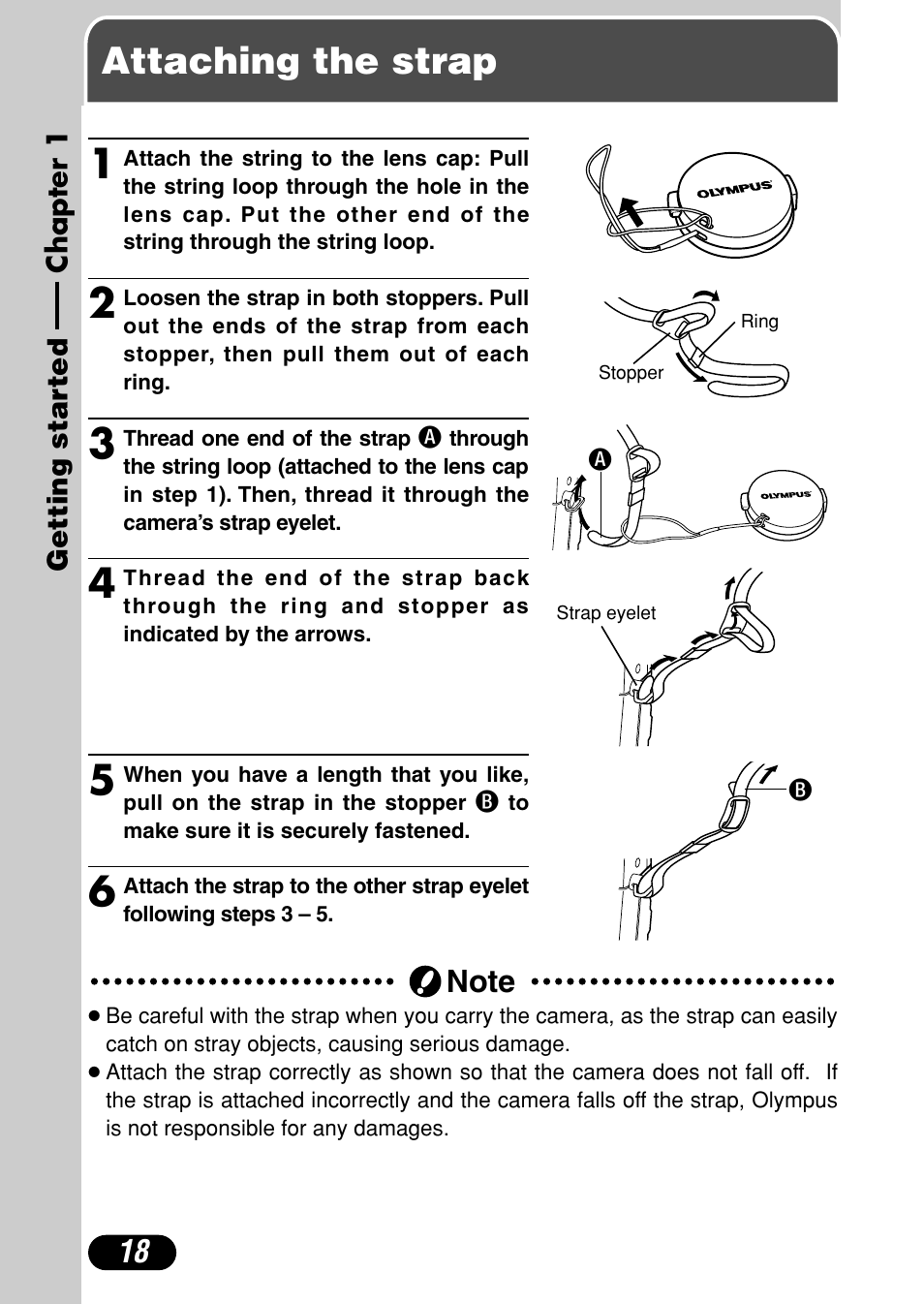 Chapter 1 getting started, Attaching the strap, Chapter 1 | Getting started, P. 18 | Olympus C-4000 Zoom User Manual | Page 19 / 245