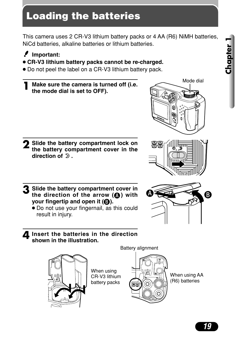Loading the batteries | Olympus C-4000 Zoom User Manual | Page 20 / 245