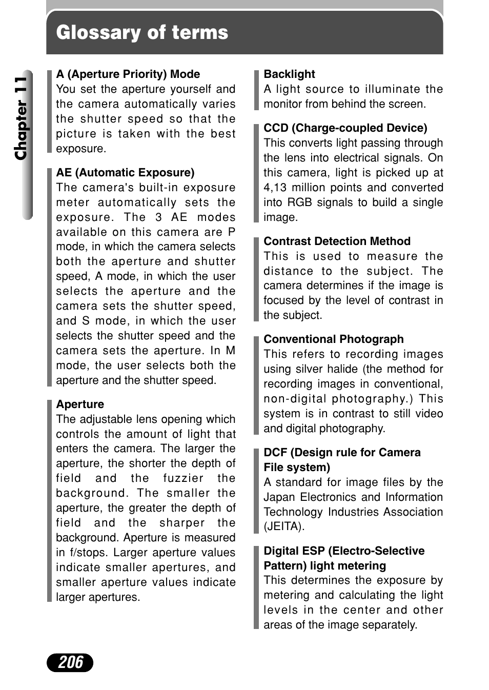 Glossary of terms, Chapter 11 | Olympus C-4000 Zoom User Manual | Page 207 / 245