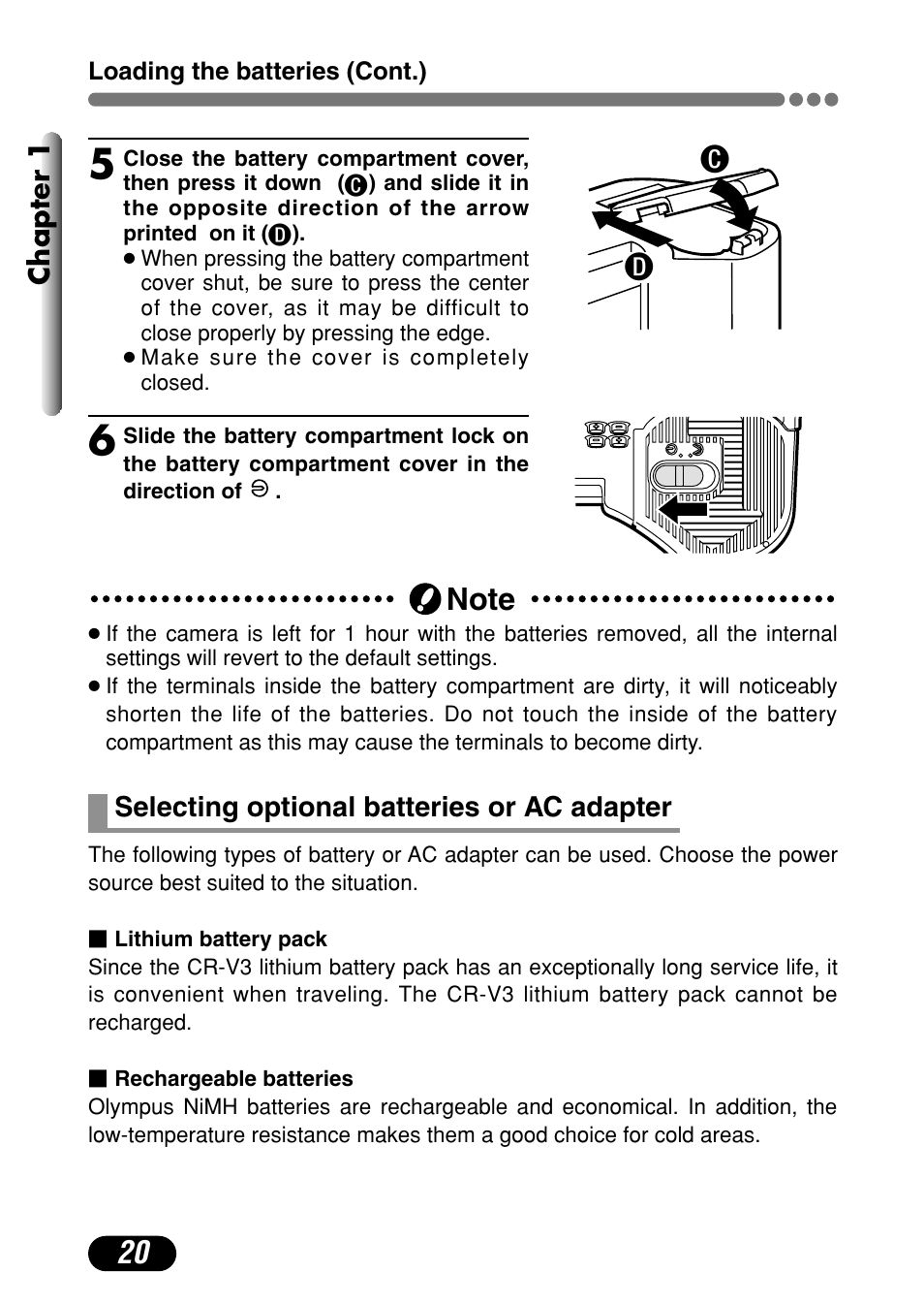 Selecting optional batteries or ac adapter 20 | Olympus C-4000 Zoom User Manual | Page 21 / 245