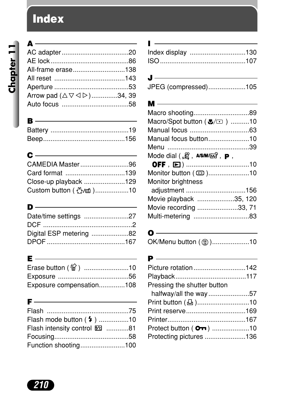 Index, Chapter 11 | Olympus C-4000 Zoom User Manual | Page 211 / 245
