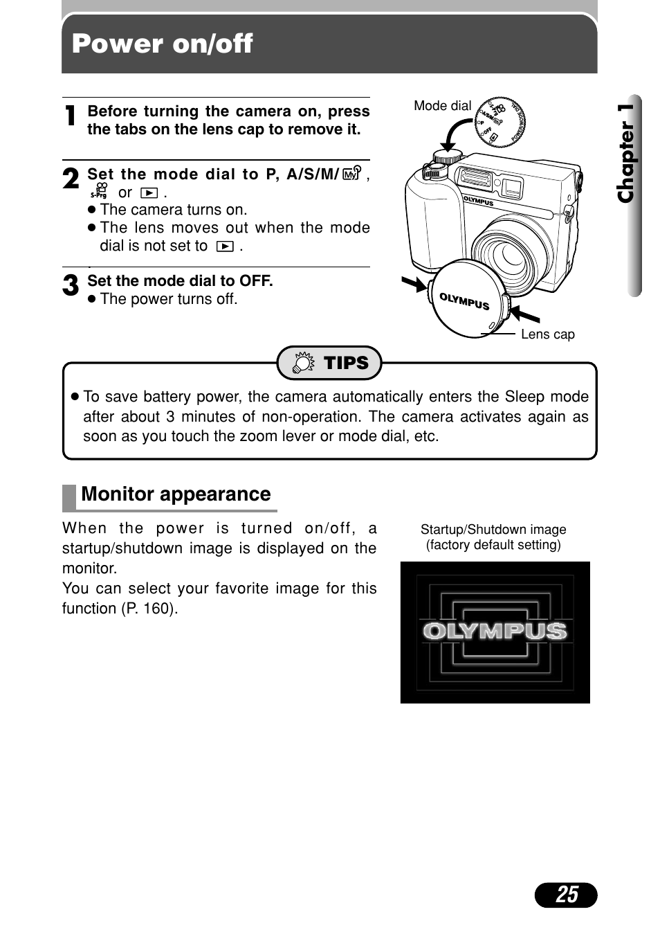 Power on/off, Monitor appearance 25 | Olympus C-4000 Zoom User Manual | Page 26 / 245