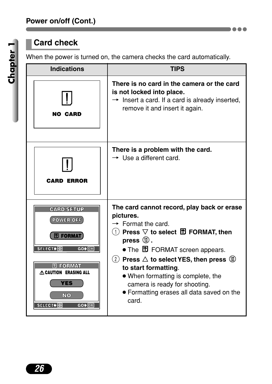 Card check 26, Chapter 1, Card check | Olympus C-4000 Zoom User Manual | Page 27 / 245