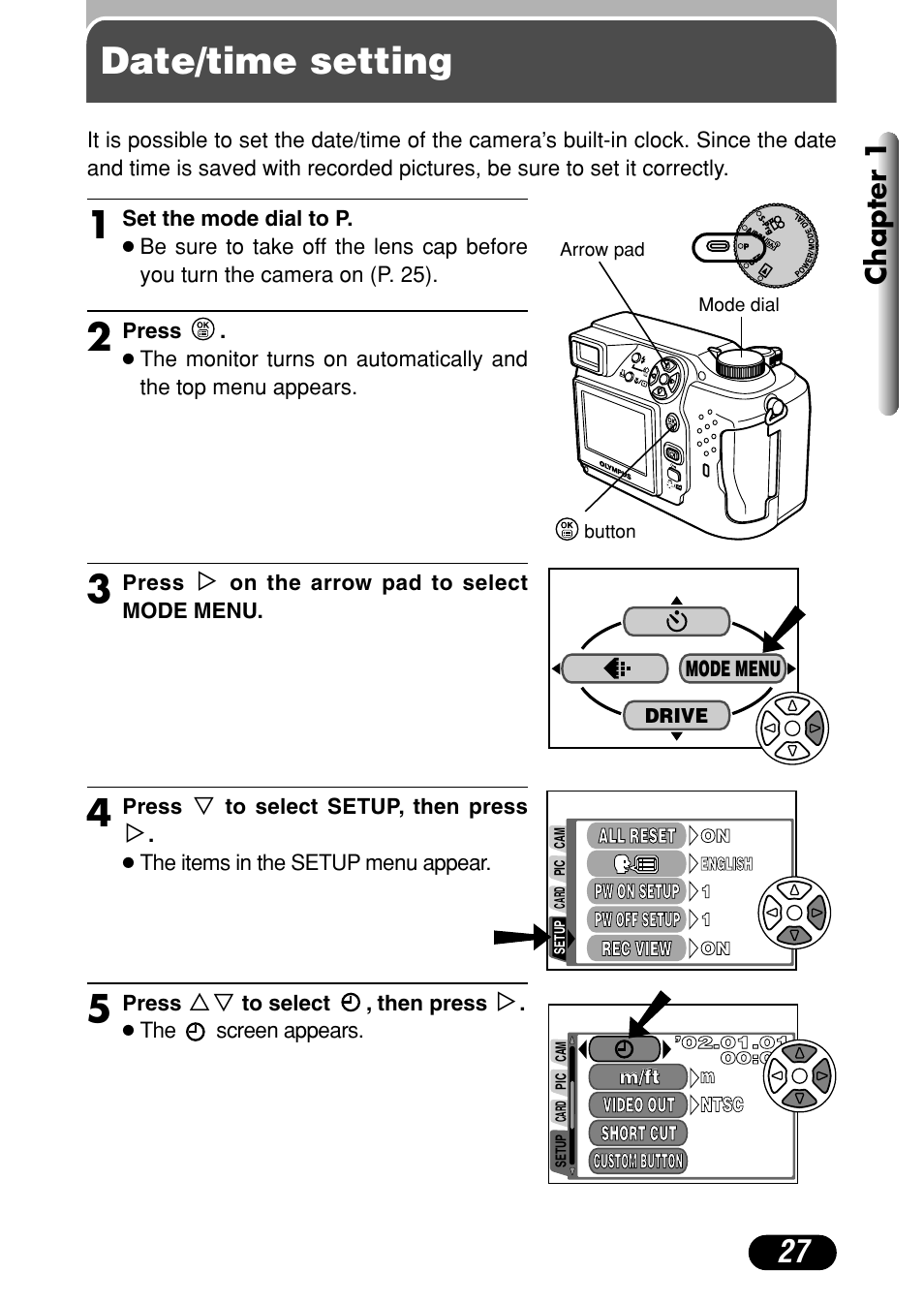 Date/time setting, Chapter 1 | Olympus C-4000 Zoom User Manual | Page 28 / 245
