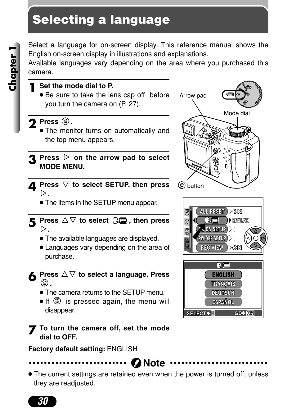 Selecting a language, Selecting a language 1, Chapter 1 | Olympus C-4000 Zoom User Manual | Page 31 / 245