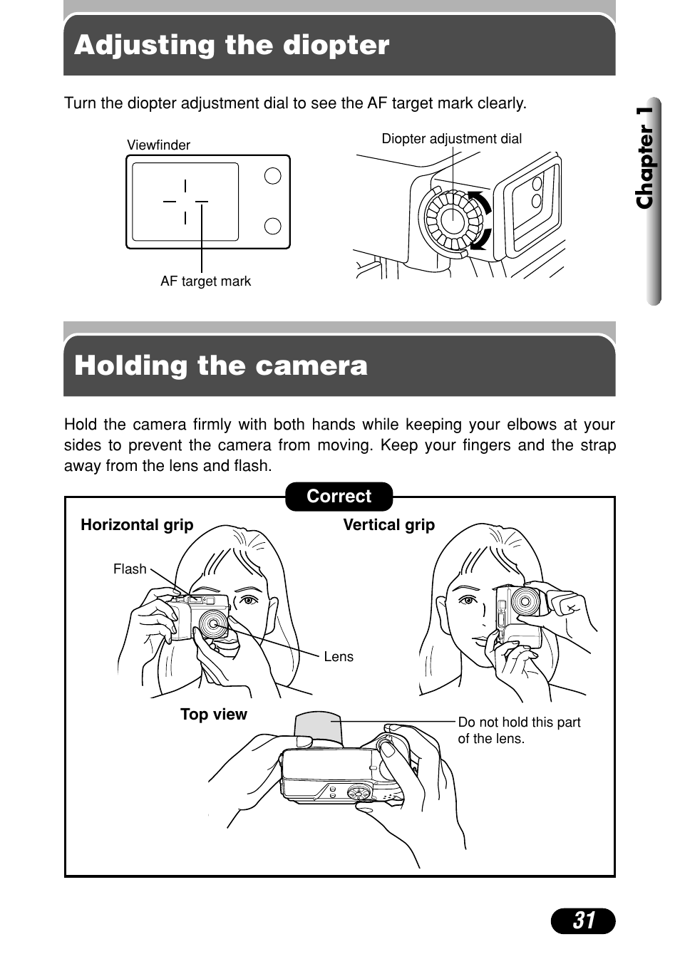 Adjusting the diopter, Holding the camera, Adjusting the diopter holding the camera | Chapter 1 | Olympus C-4000 Zoom User Manual | Page 32 / 245