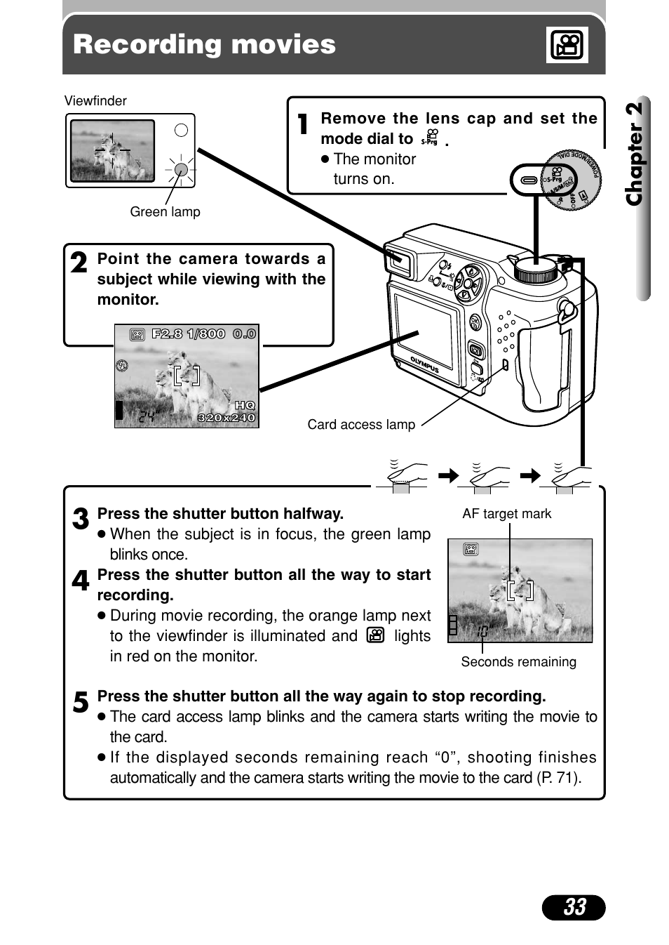 Recording movies, 34 5 recording movies, Chapter 2 | Olympus C-4000 Zoom User Manual | Page 34 / 245