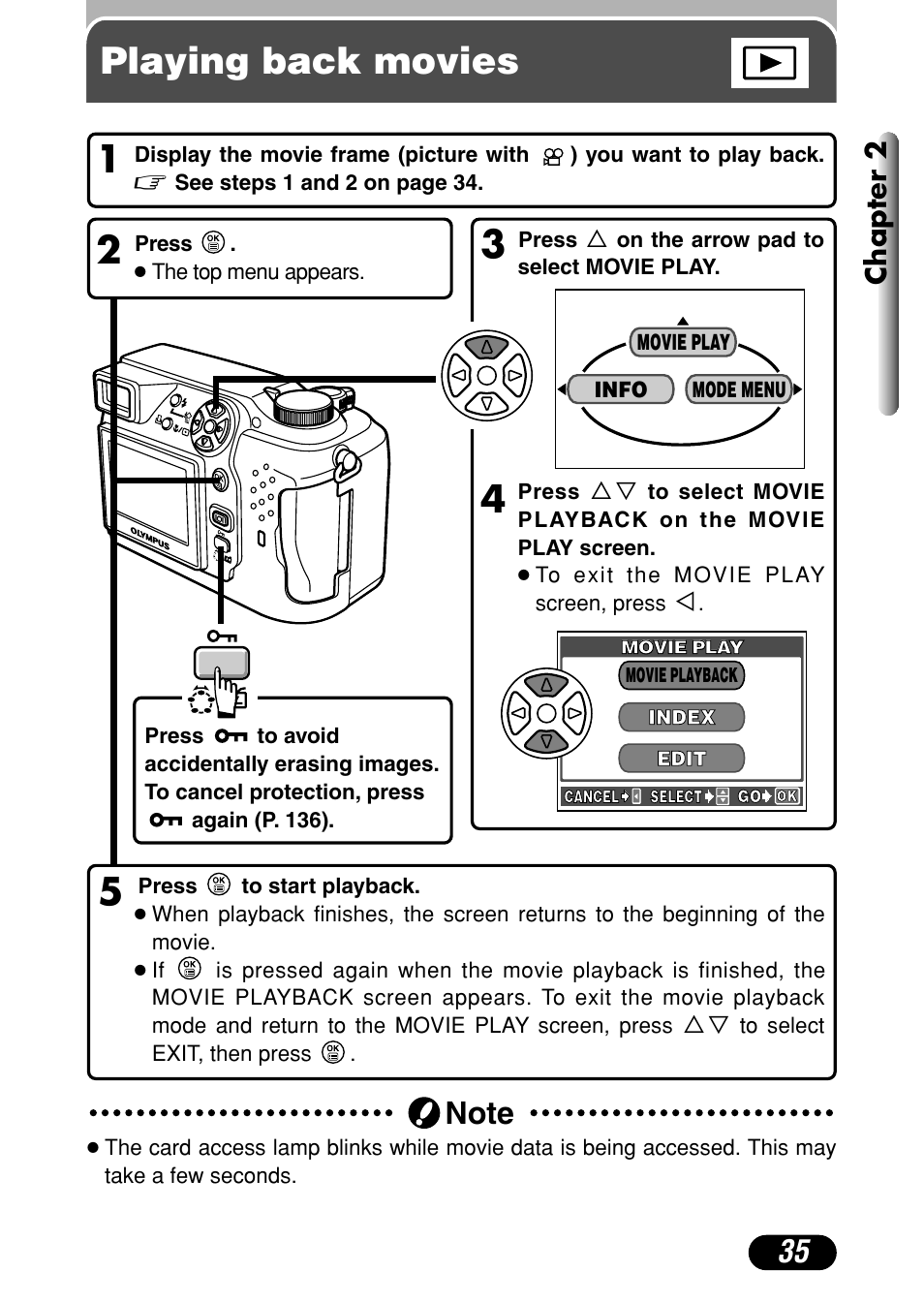 Playing back movies, 3playing back movies, Chapter 2 | Olympus C-4000 Zoom User Manual | Page 36 / 245