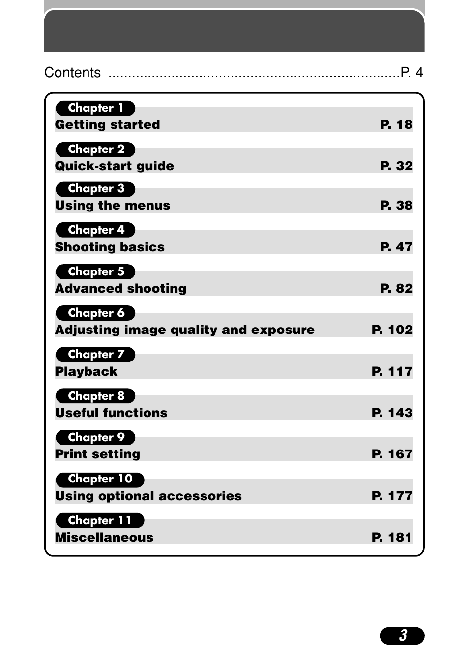 Chapters | Olympus C-4000 Zoom User Manual | Page 4 / 245
