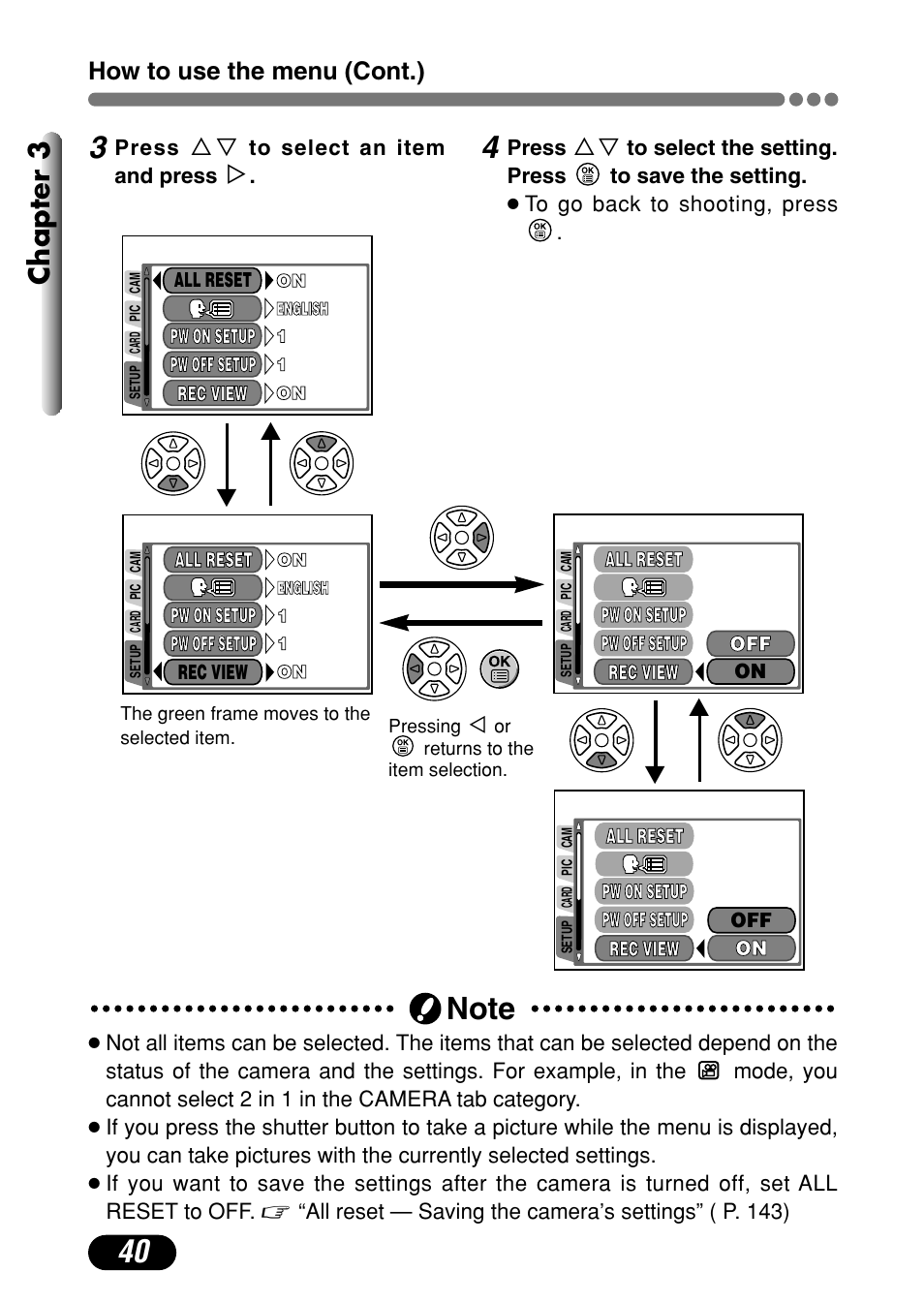 Chapter 3, How to use the menu (cont.) | Olympus C-4000 Zoom User Manual | Page 41 / 245