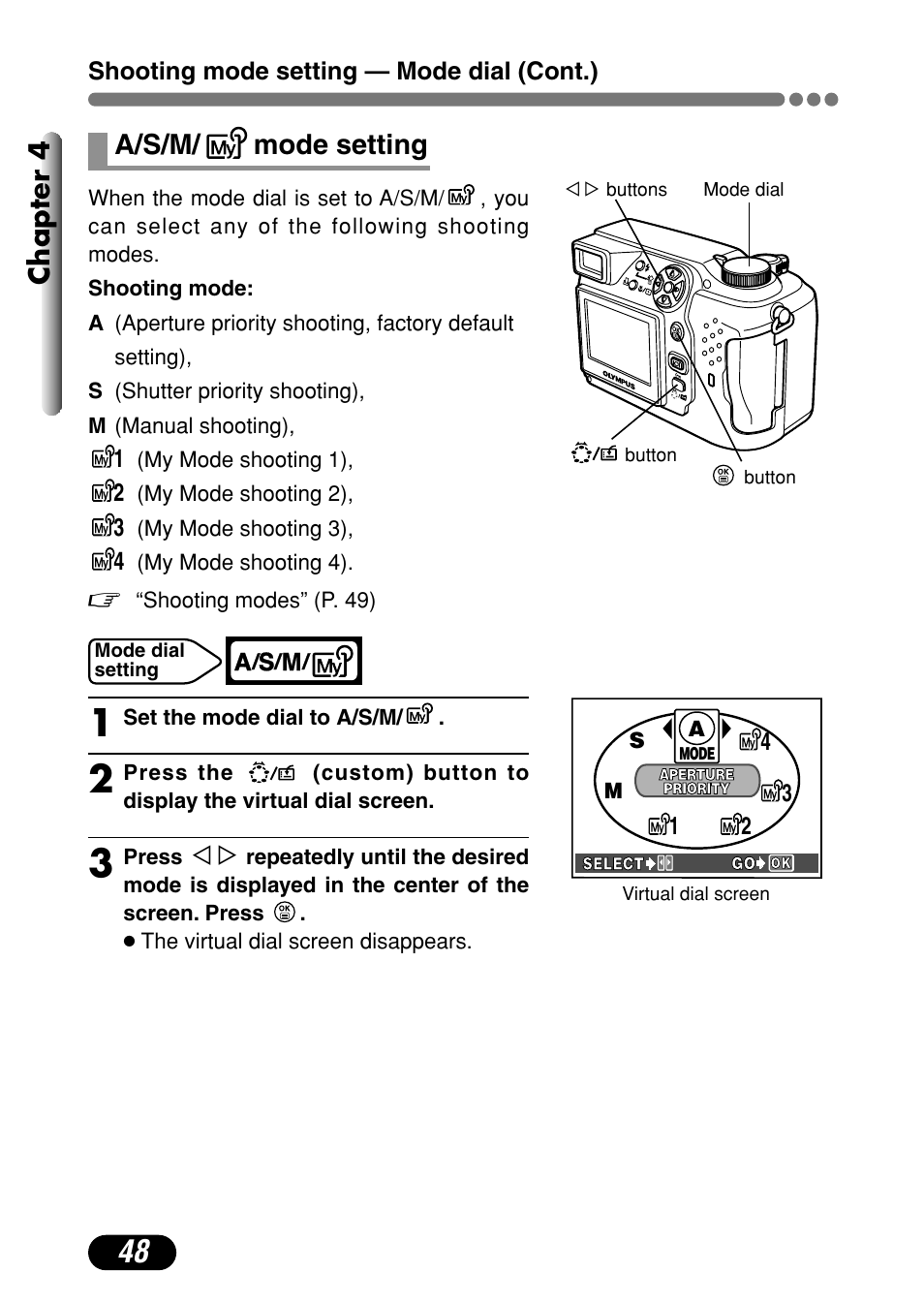 Mode setting 48, Chapter 4, A/s/m/ mode setting | Olympus C-4000 Zoom User Manual | Page 49 / 245