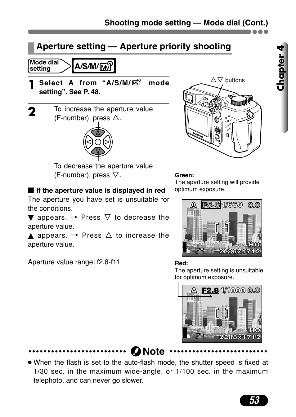 Aperture setting — aperture priority shooting 53, Chapter 4, Aperture setting — aperture priority shooting | Olympus C-4000 Zoom User Manual | Page 54 / 245