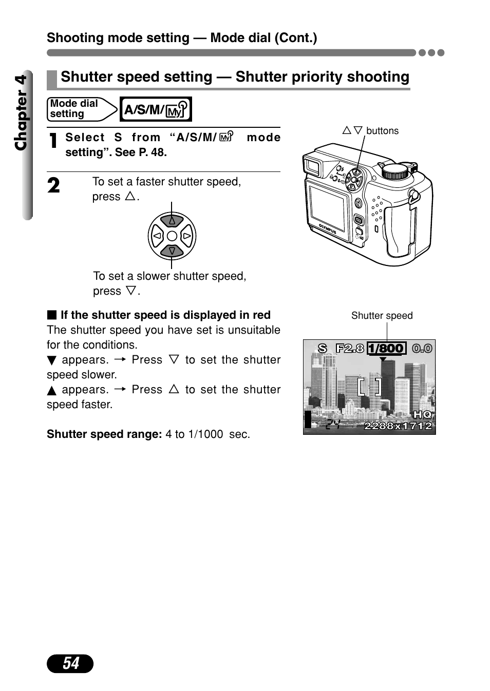 Chapter 4, Shutter speed setting — shutter priority shooting | Olympus C-4000 Zoom User Manual | Page 55 / 245