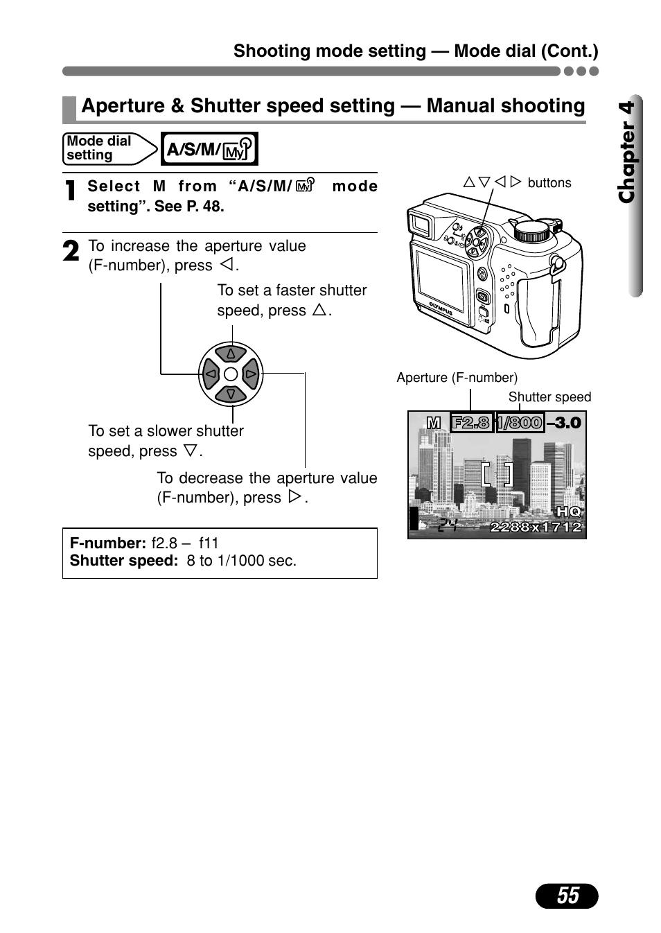 Chapter 4, Aperture & shutter speed setting — manual shooting | Olympus C-4000 Zoom User Manual | Page 56 / 245
