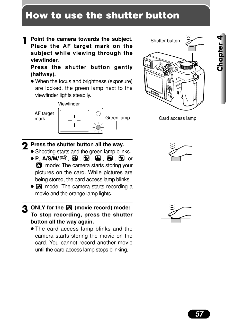 How to use the shutter button, Chapter 4 | Olympus C-4000 Zoom User Manual | Page 58 / 245