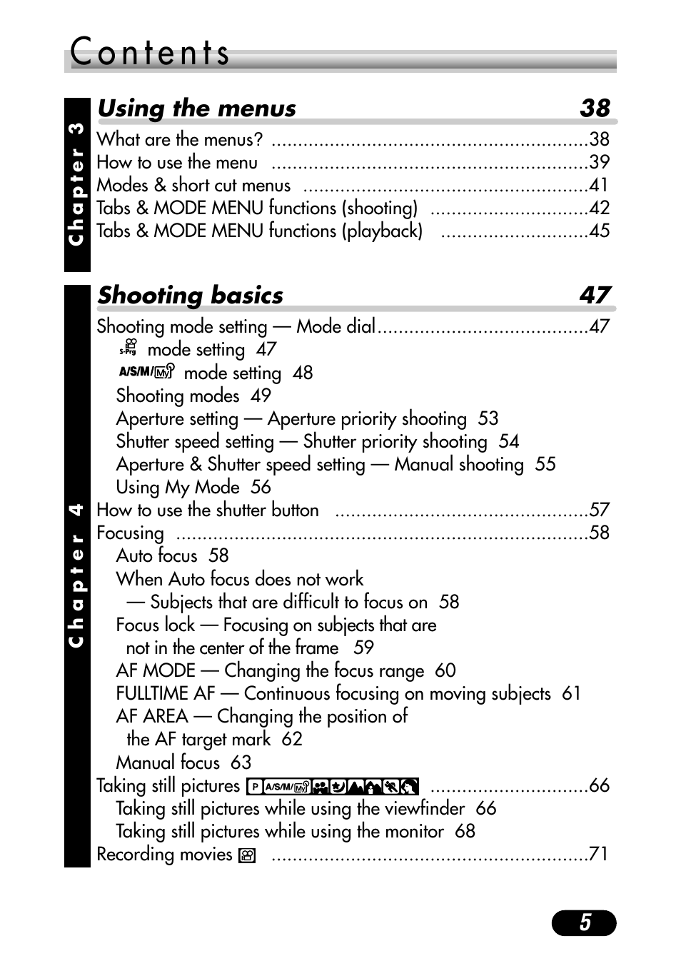 5using the menus 38, Shooting basics 47 | Olympus C-4000 Zoom User Manual | Page 6 / 245