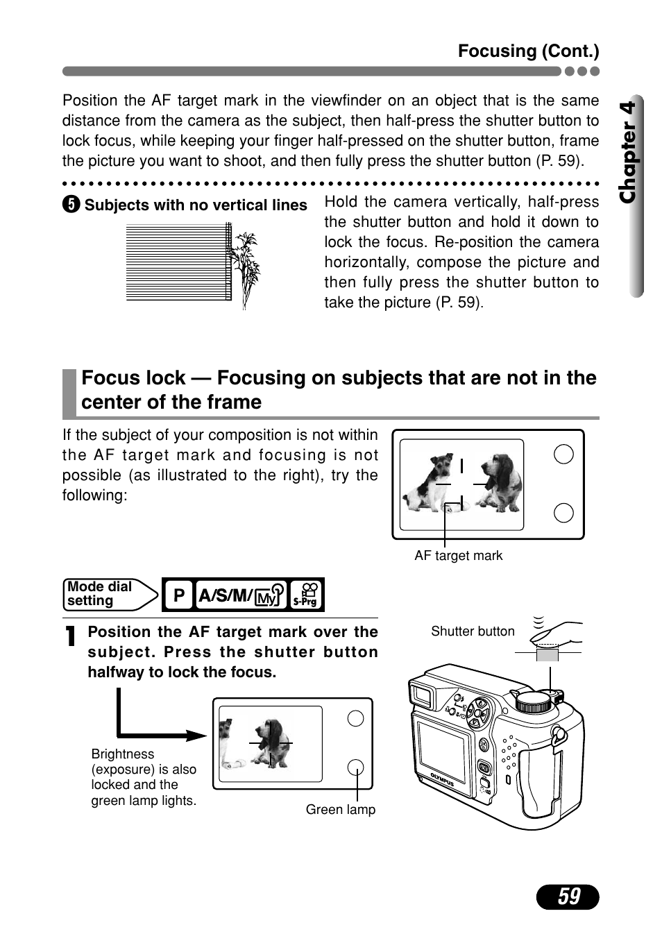 Focus lock — focusing on subjects that are, Not in the center of the frame 59, Chapter 4 | Olympus C-4000 Zoom User Manual | Page 60 / 245
