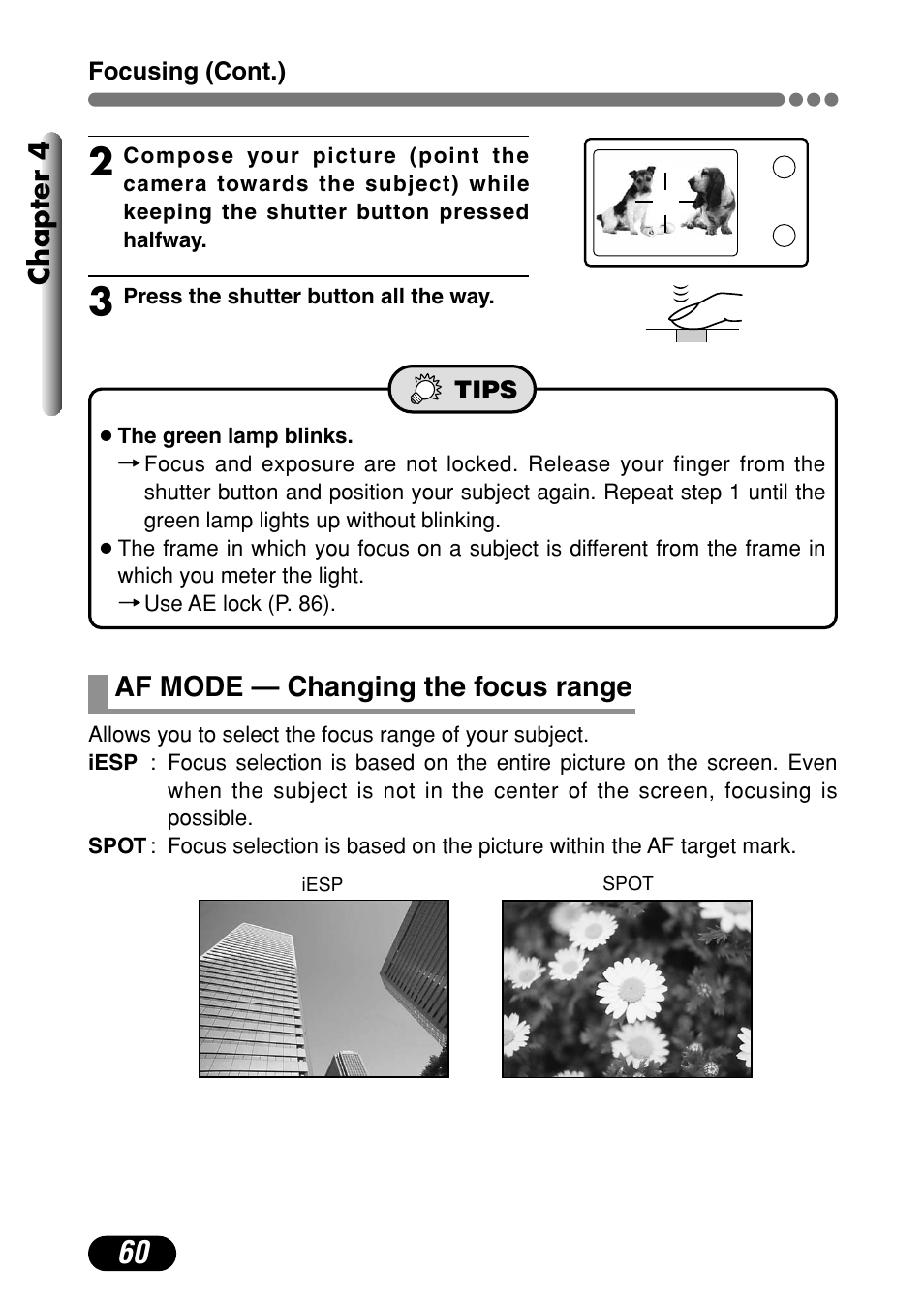 Af mode — changing the focus range 60 | Olympus C-4000 Zoom User Manual | Page 61 / 245