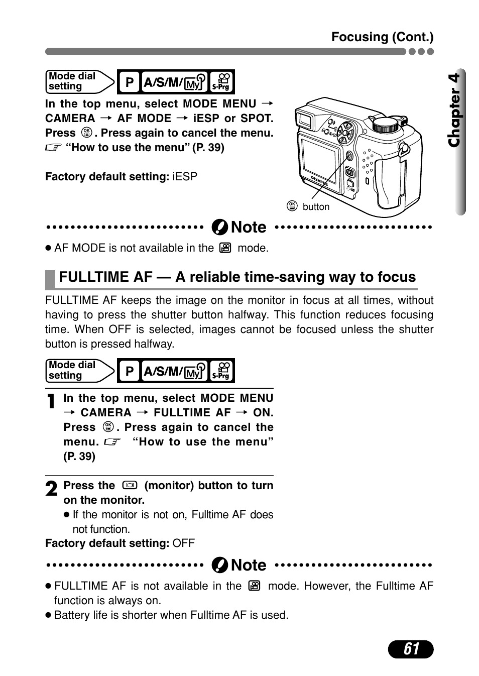 Chapter 4, Fulltime af — a reliable time-saving way to focus | Olympus C-4000 Zoom User Manual | Page 62 / 245