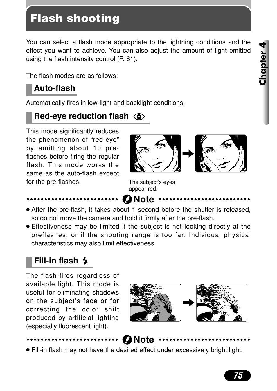 Flash shooting, Auto-flash 75 red-eye reduction flash, Fill-in flash | Olympus C-4000 Zoom User Manual | Page 76 / 245