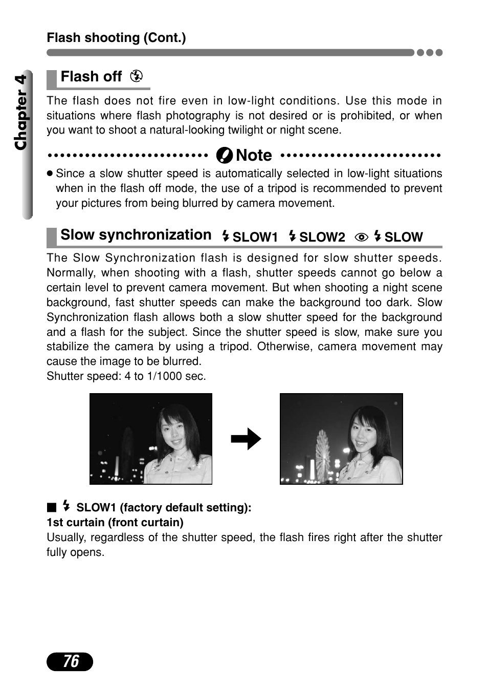 Flash off, Slow synchronization slow1, slow2, Slow 76 | Olympus C-4000 Zoom User Manual | Page 77 / 245