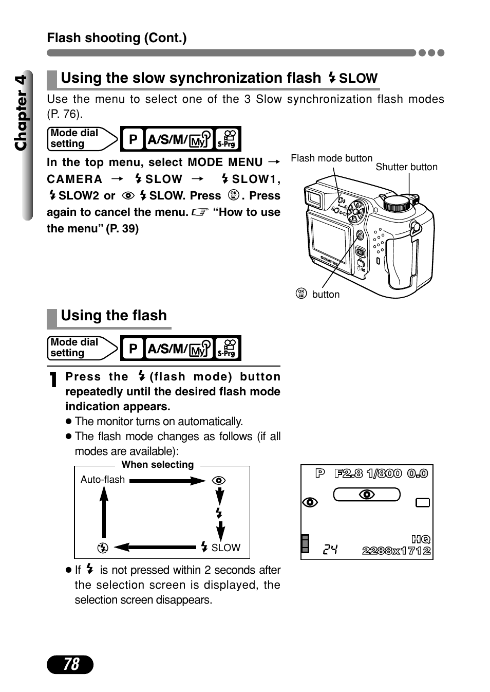 Chapter 4, Using the slow synchronization flash, Using the flash | Olympus C-4000 Zoom User Manual | Page 79 / 245