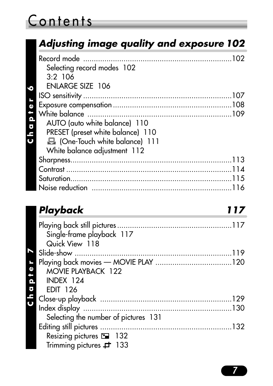 Adjusting image quality and exposure 102, Playback 117 | Olympus C-4000 Zoom User Manual | Page 8 / 245