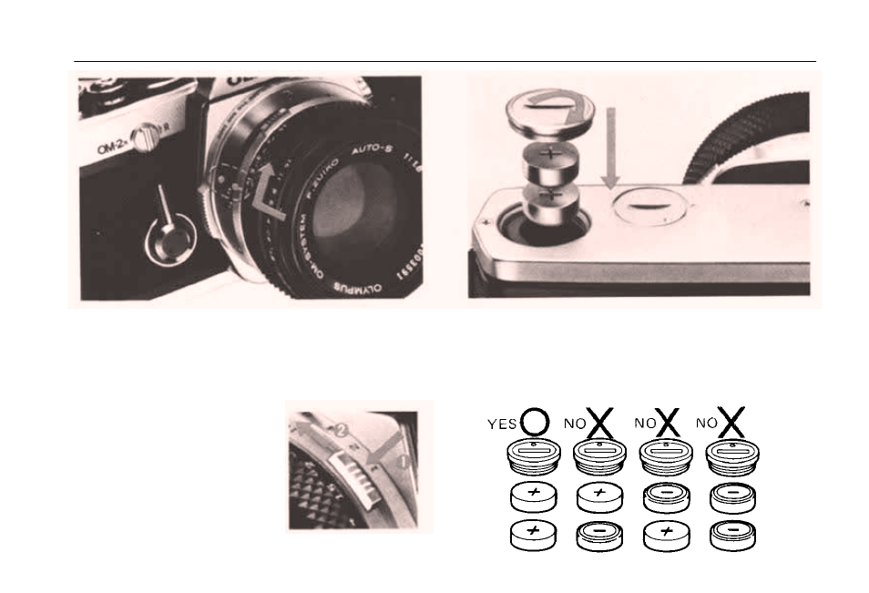 Mounting the lens / inserting the batteries, Inserting the batteries, Mounting the lens | Olympus OM-2 User Manual | Page 8 / 101