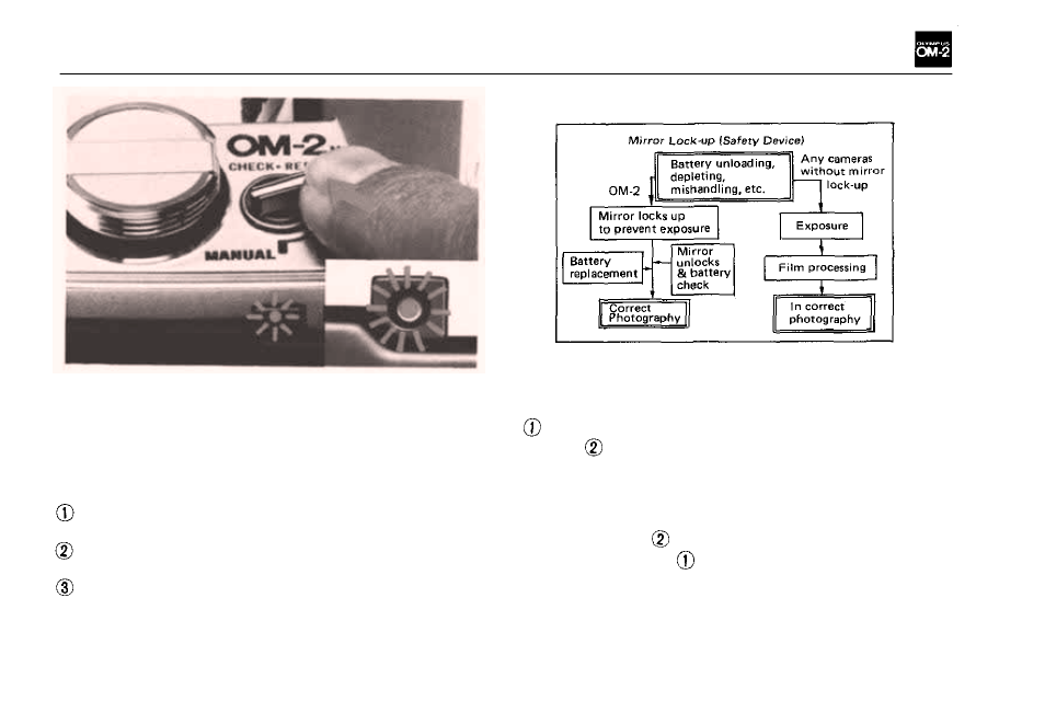 Battery check and mirror lock-up | Olympus OM-2 User Manual | Page 9 / 101