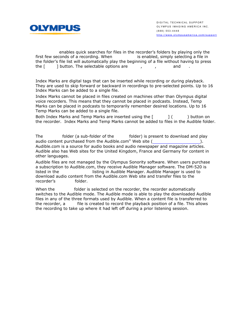 What is intro play, What are index marks and temp marks, What is the purpose of the audible folder | Olympus DM-520 User Manual | Page 7 / 15
