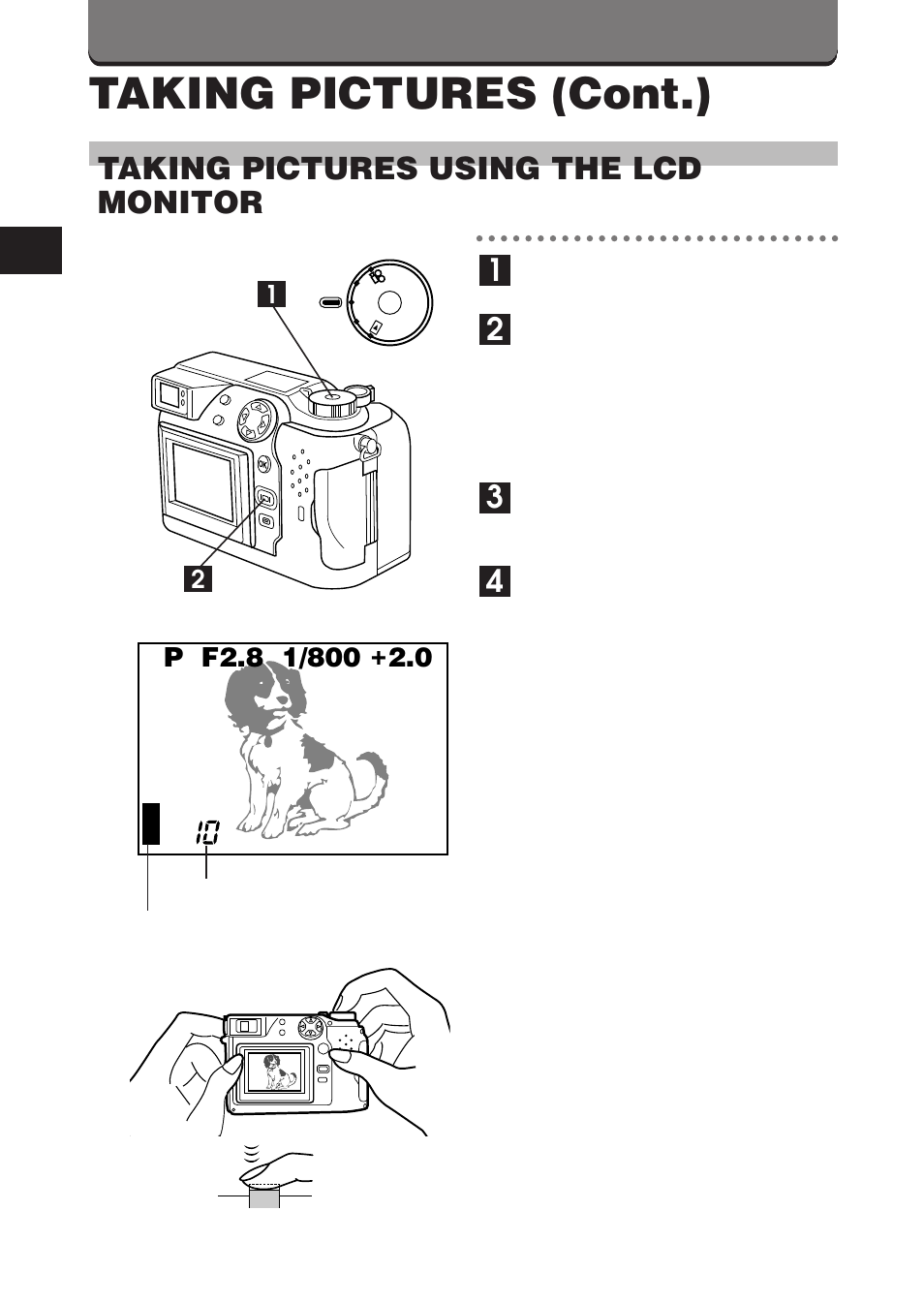 Taking pictures (cont.), Taking pictures using the lcd monitor | Olympus C-3000ZOOM User Manual | Page 50 / 75